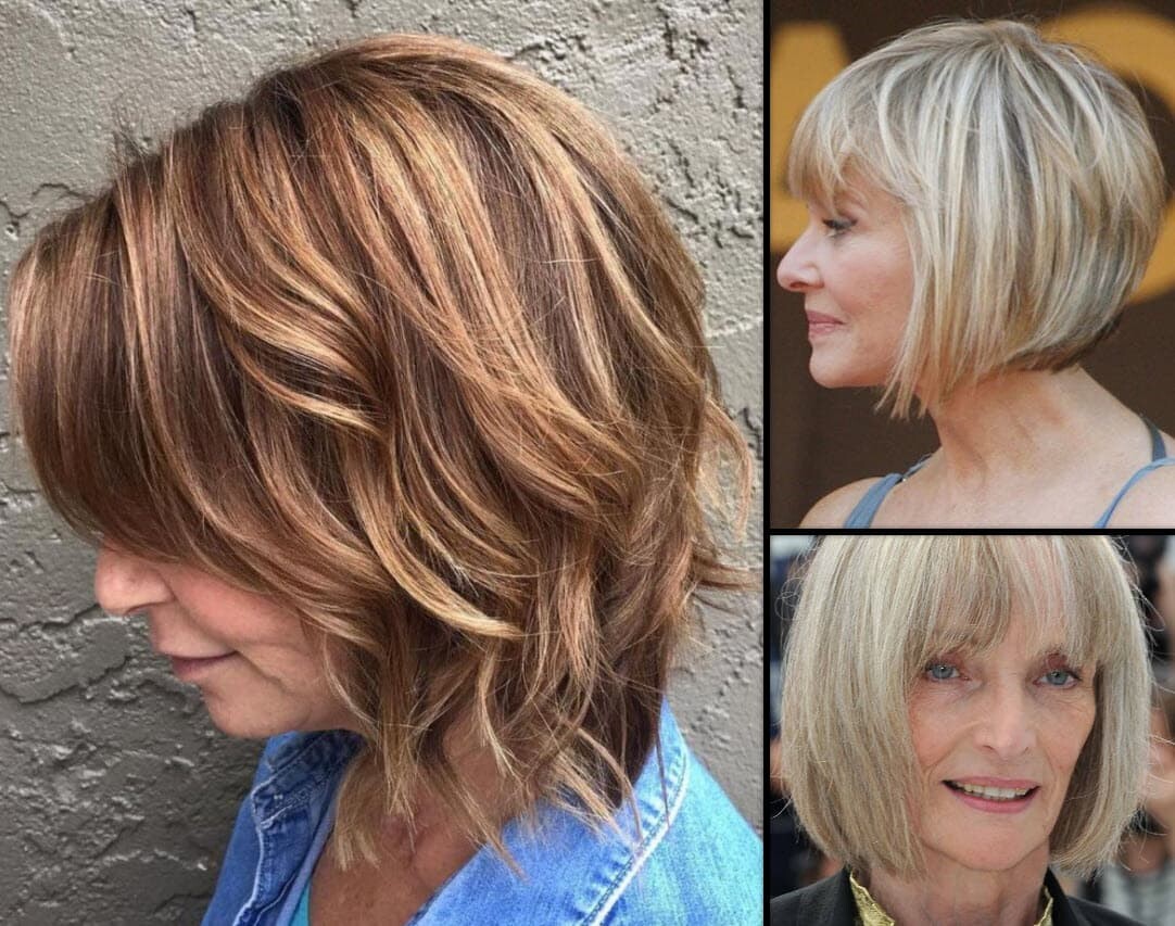 Frauen ab 50 mit gestuften Bob-Frisuren in verschiedenen Blond- und Brauntönen