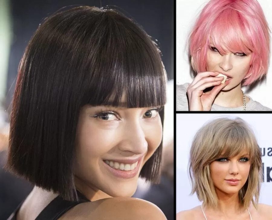 Drei Frauen mit verschiedenen Bob-Frisuren und Pony in unterschiedlichen Farben.