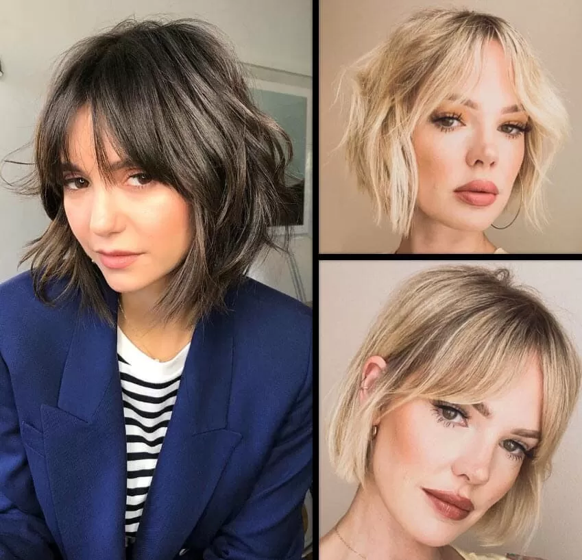 Natürlicher brauner, voluminöser Bob mit seitlichem Pony, zerzauster platinblonder Bob mit Pony, geradliniger Bob mit seitlichem Pony in Blond