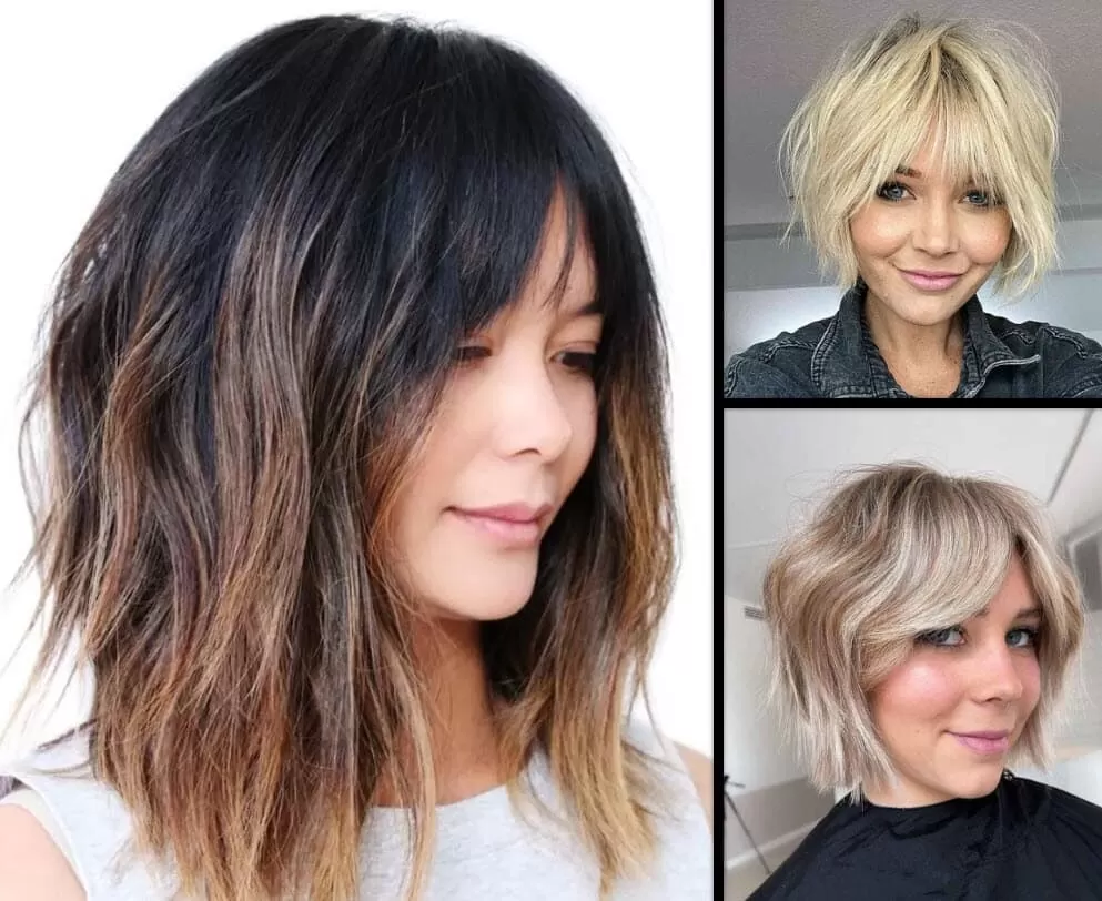 Mittellanger Bob mit dunkler Wurzel und bronzenen Spitzen, kurzer platinblonder Bob mit fluffigem Pony, kurzer Bob in kühlem Blond mit seitlichem Pony