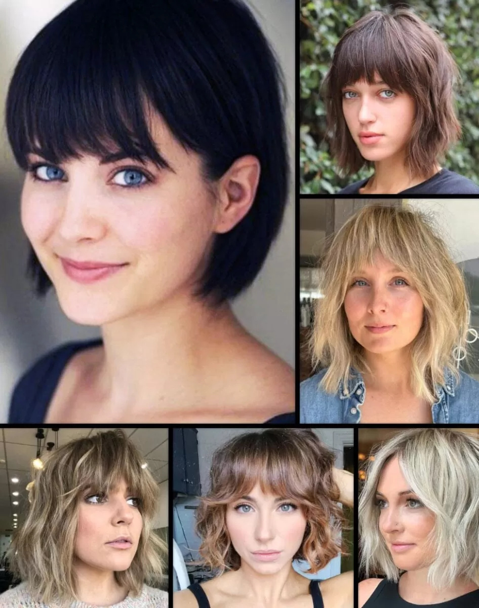 Bob Frisur mit Pony: Fünf Frauen mit trendigen Bob-Frisuren und Pony in verschiedenen Farben und Stilen.