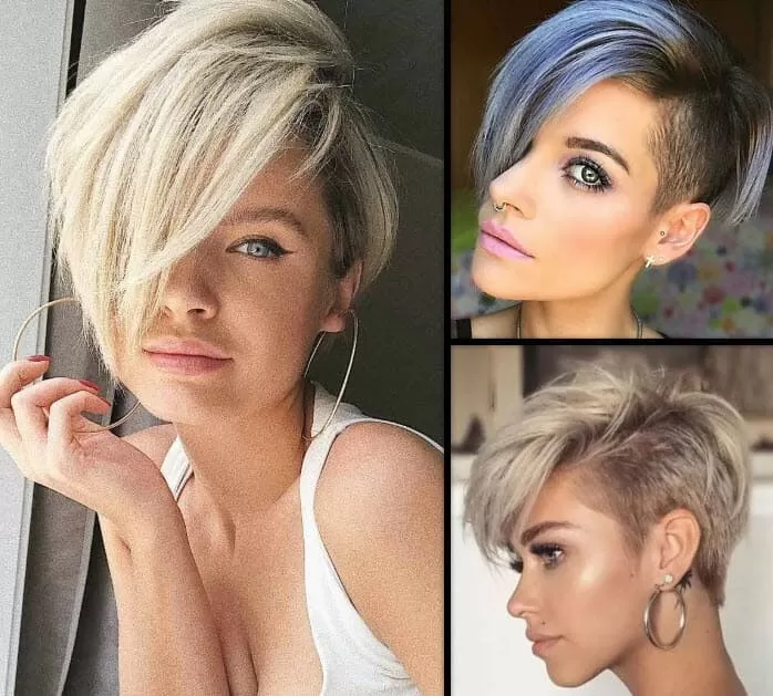 Drei Frauen mit trendigen, fransigen Kurzhaarfrisuren in Blond, Blau und Grau, die jugendlichen Esprit und moderne Eleganz ausstrahlen.