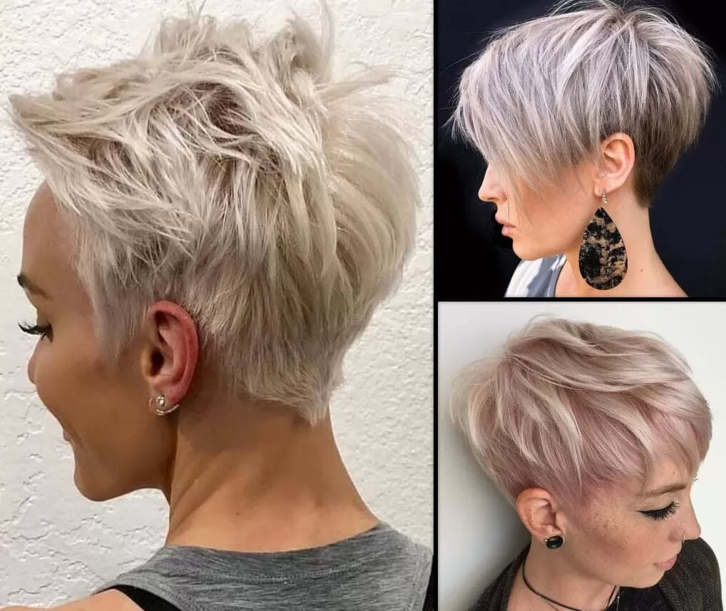 Fransig Pfiffige Kurzhaarfrisuren Frauen Frech Pixie Cut Modische fransige Kurzhaarfrisuren in verschiedenen Tönen wie Platinblond, Silbergrau und zartes Rosa, gezeigt an drei Frauen.