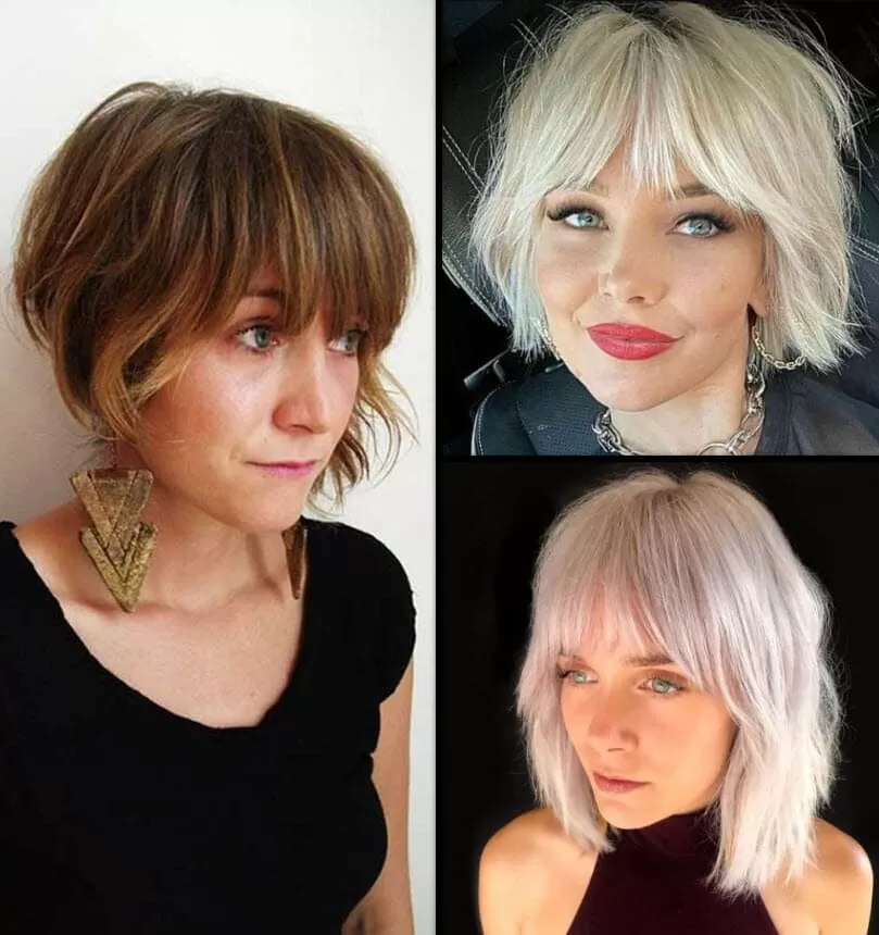 Fransig Pfiffige Kurzhaarfrisuren Frauen Frech fransiger bob Drei Frauen mit trendigen fransigen Kurzhaarfrisuren, einschließlich brünett mit Pony, platinblond Bob und helllila Bob.