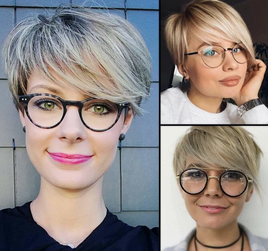 Frauen mit ovalem Gesicht und Brille, stilvolle Kurzhaarfrisuren in Blond