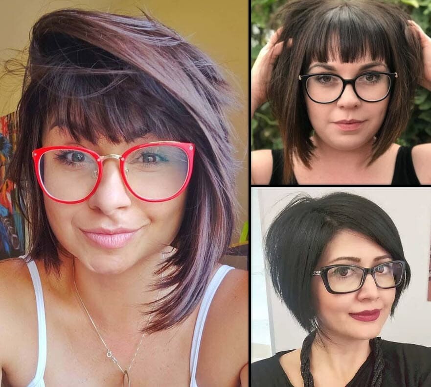 Frauen mit ovalem Gesicht, Brille und stilvollen Bob-Frisuren in verschiedenen Brauntönen