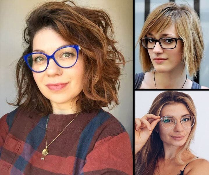 Frauen mit ovalem Gesicht, Brille und stilvollen Frisuren in Brauntönen