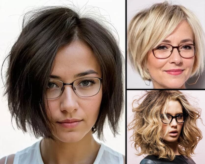 Frauen mit ovalem Gesicht, Brille und stilvollen Bob-Frisuren in verschiedenen Brillenmodellen