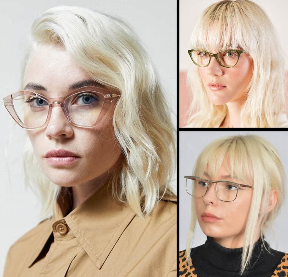 Frauen mit ovalem Gesicht, modischen eckigen Brillen und stilvollen blonden Frisuren