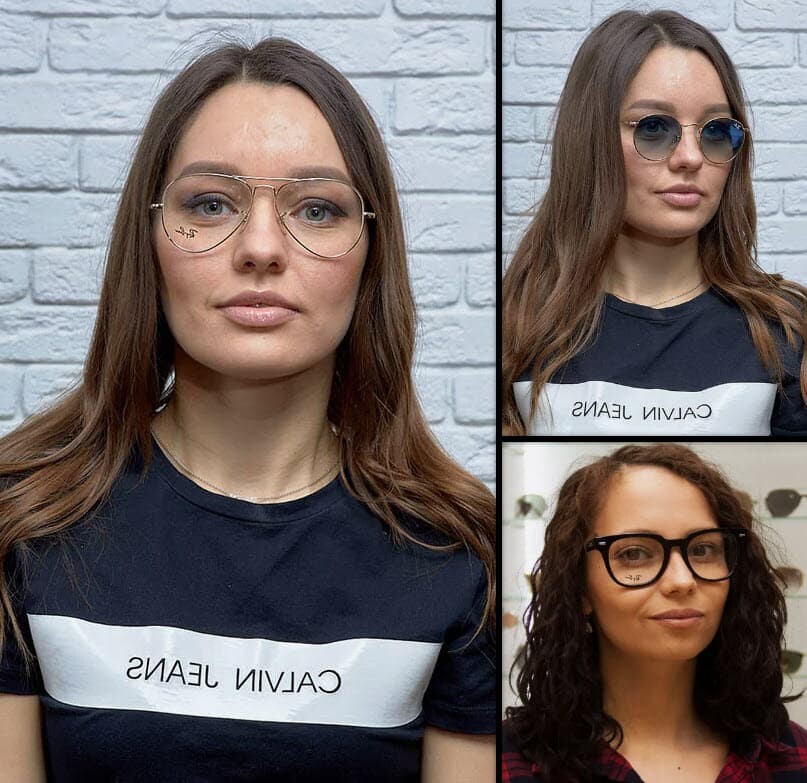Frauen mit ovalem Gesicht, verschiedenen Brillen und Frisuren, die den Look verändern