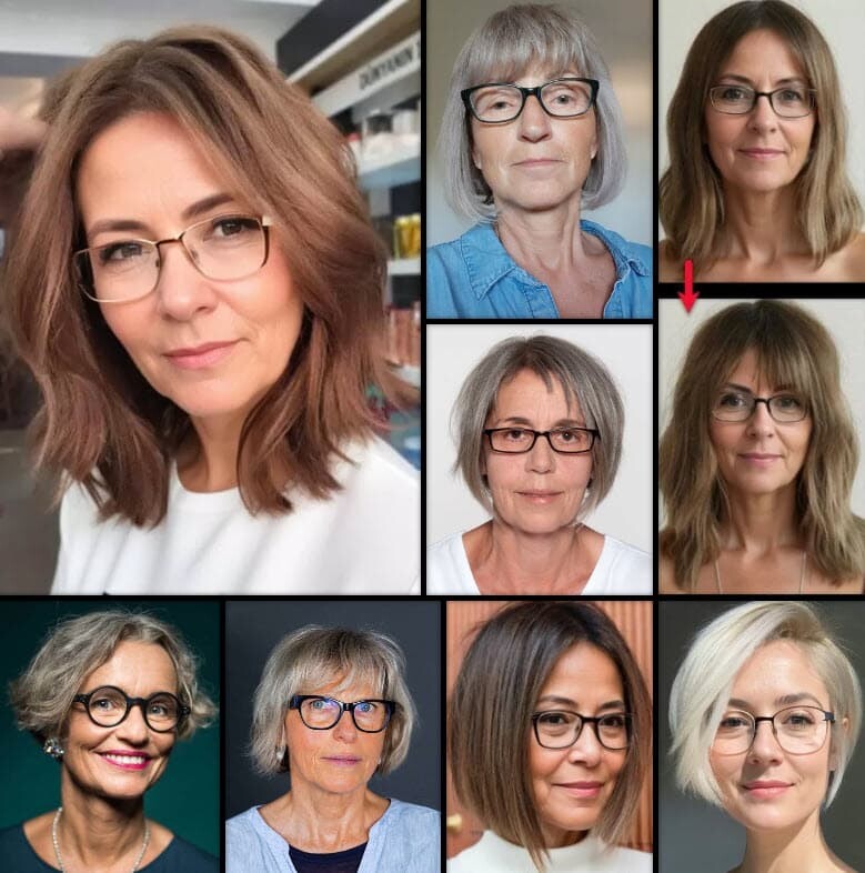 Frauen mit ovalem Gesicht und Brille, verschiedene Frisuren in Braun- und Grautönen