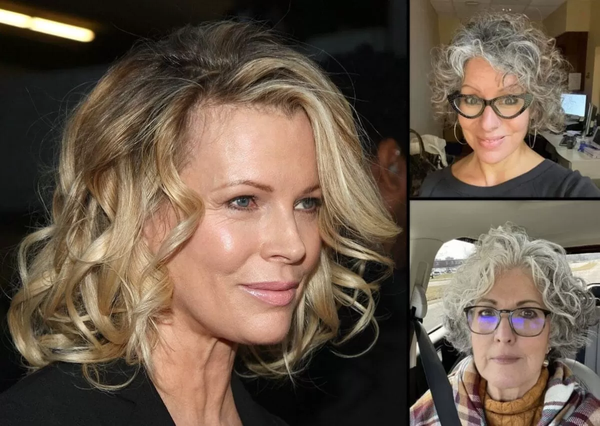 Drei stilvolle ältere Damen mit peppigen Frisuren, von lockigen bis zu welligen grauen Haaren.