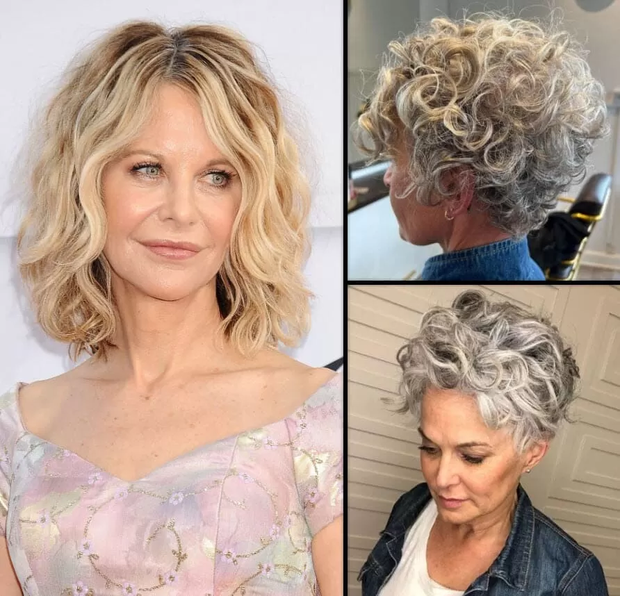 Drei Frauen über 50 mit stilvollen und peppigen Lockenfrisuren in Blond und Grau.