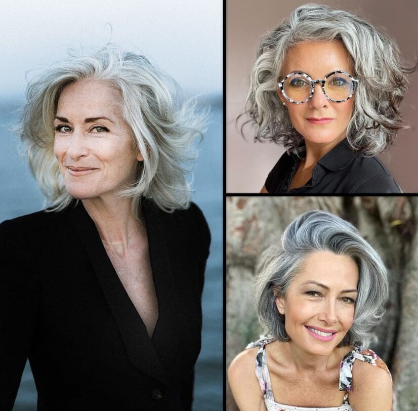 Drei elegante Frauen über 50 mit stilvollen grauen Frisuren, die Vitalität und Klasse ausstrahlen.