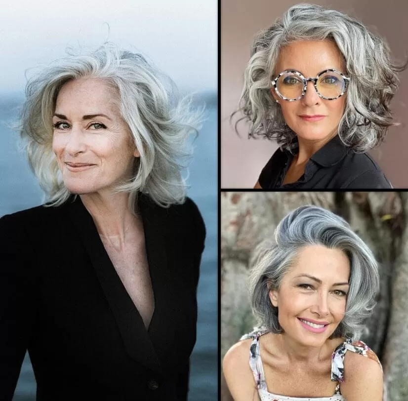 Drei elegante Frauen über 50 mit stilvollen grauen Frisuren, die Vitalität und Klasse ausstrahlen.