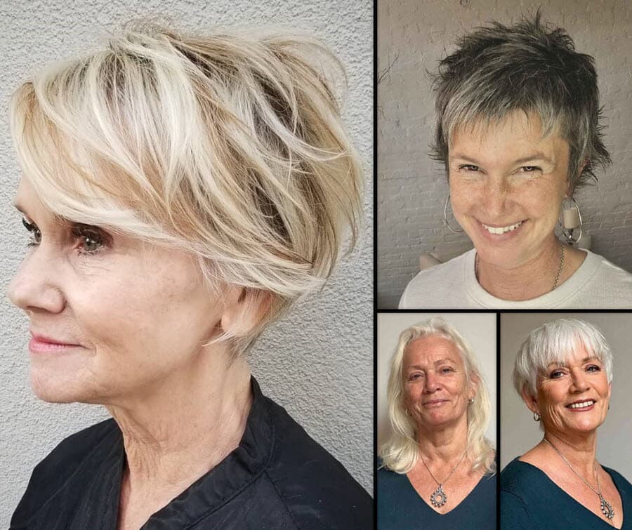 Vier reife Frauen mit peppigen Kurzhaarfrisuren, perfekt für das Alter ab 50. Peppige Frisuren für Frauen ab 50 pixie 