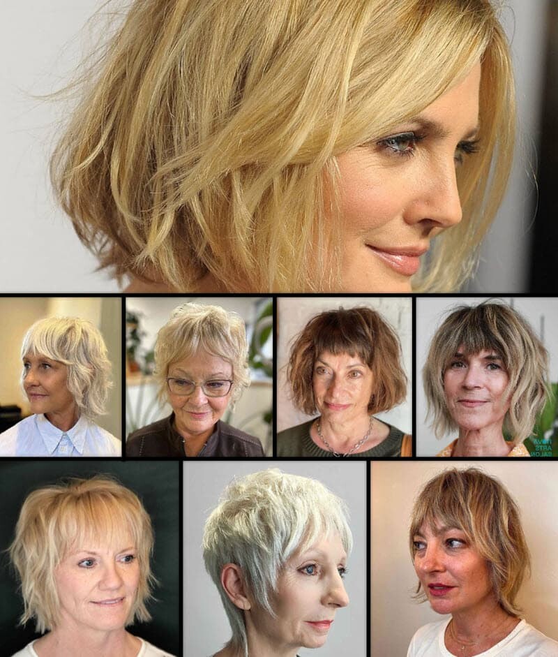 Sammlung peppiger Frisuren für Frauen ab 50 mit verschiedenen Haartypen und -stilen.