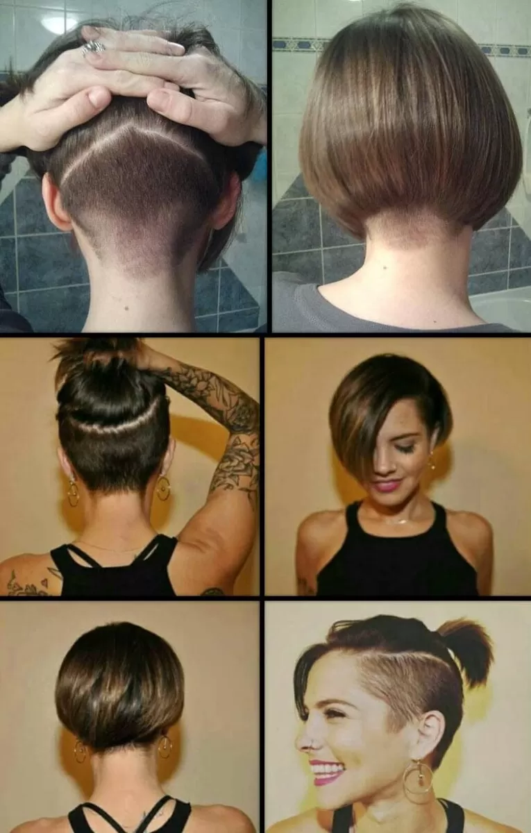 Undercut Frauen Bob mit detaillierten Ansichten von hinten und Seite