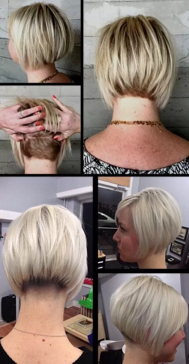 Klassischer Undercut Bob für Frauen mit blonden Haaren, Rückansicht