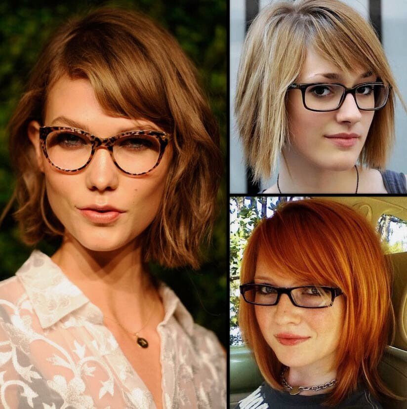 Drei Frauen mit Bob-Frisuren und Pony, ideal kombiniert mit modischen Brillen.