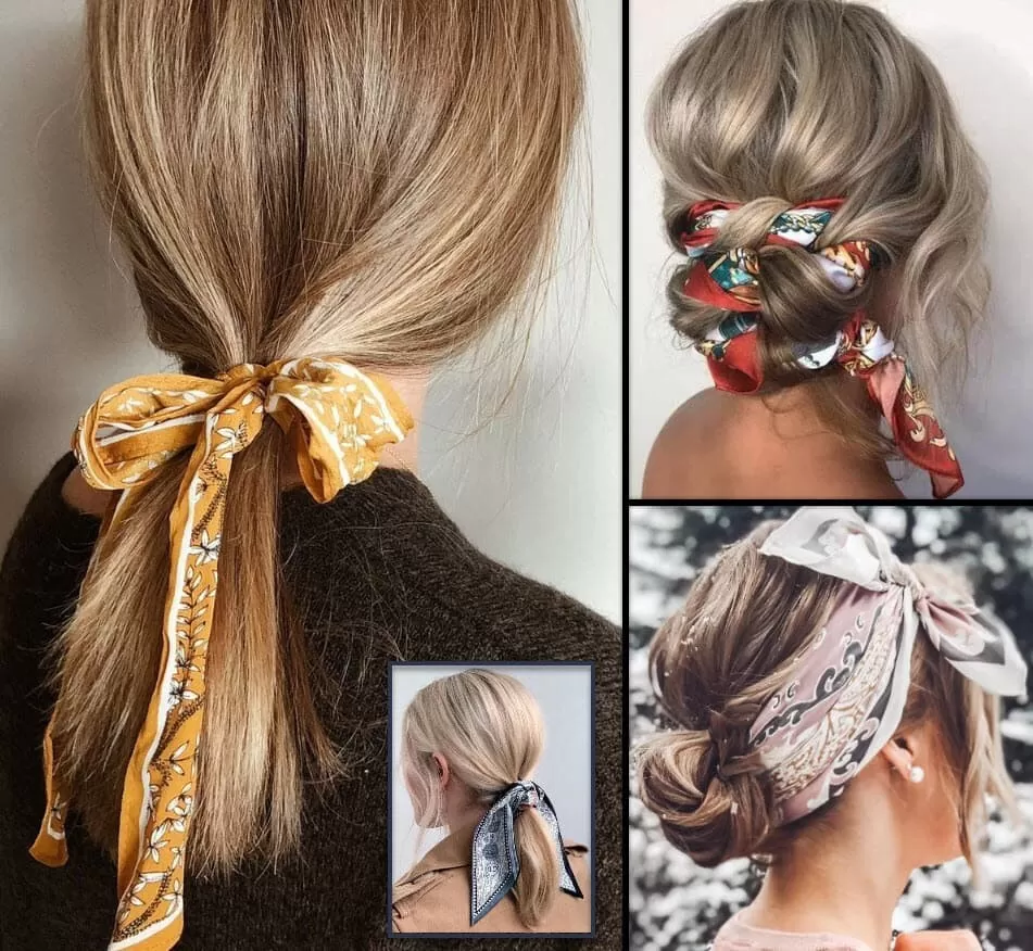 Halblange Frisuren mit Tuch: Eleganter Pferdeschwanz, halbhohe Steckfrisur, niedriger Pferdeschwanz und lockerer Knoten.