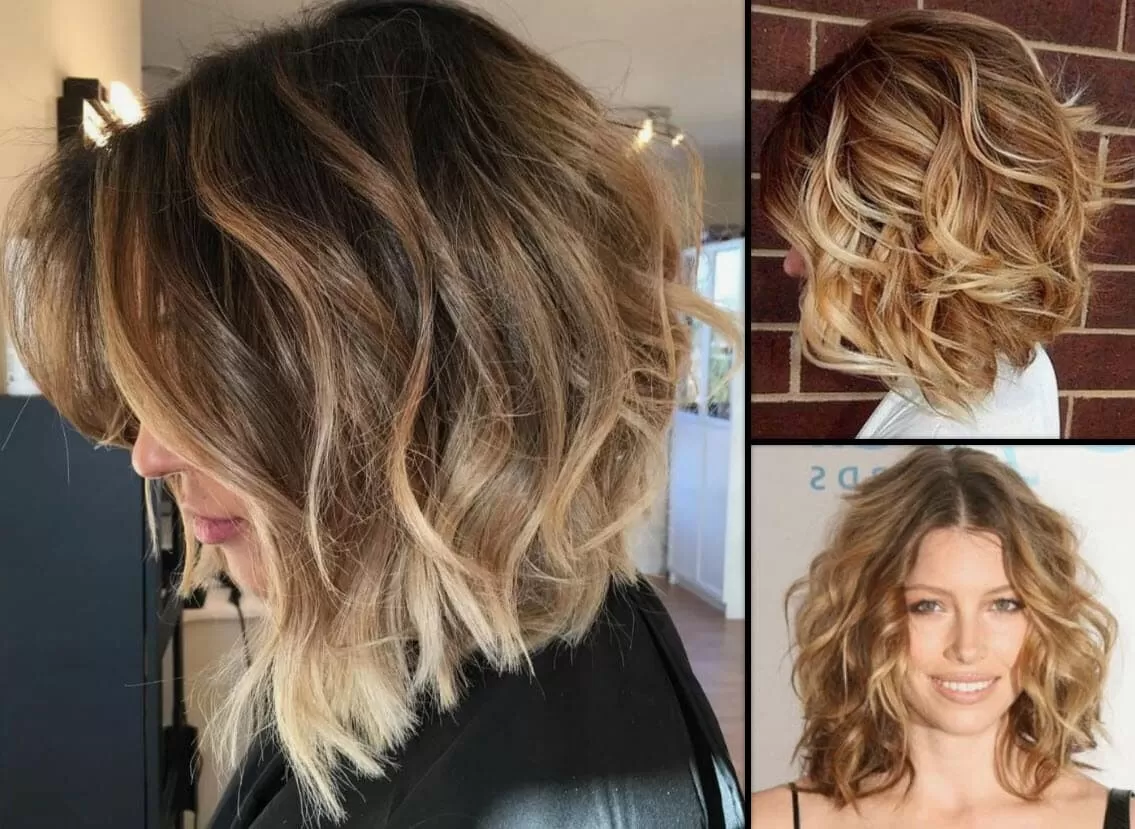 Frisuren Halblang Beach Waves: Geschichteter Bob mit seitlichem Pony, welliger Bob mit Balayage-Färbung und lockiger Bob