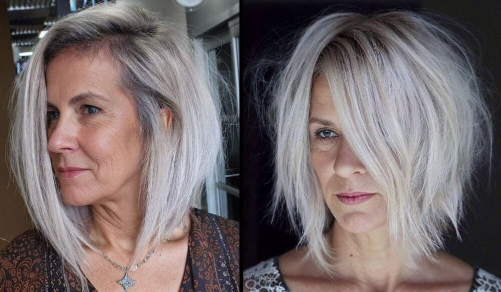 Zwei Frauen über 50 mit stilvollen grauen Frisuren für dünnes Haar.