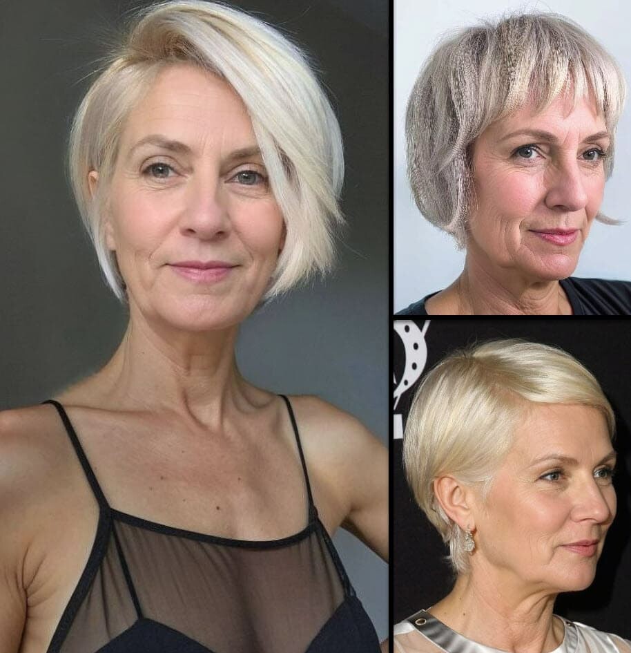 Drei elegante Frauen über 50 mit modernen kurzen Frisuren für dünnes Haar.