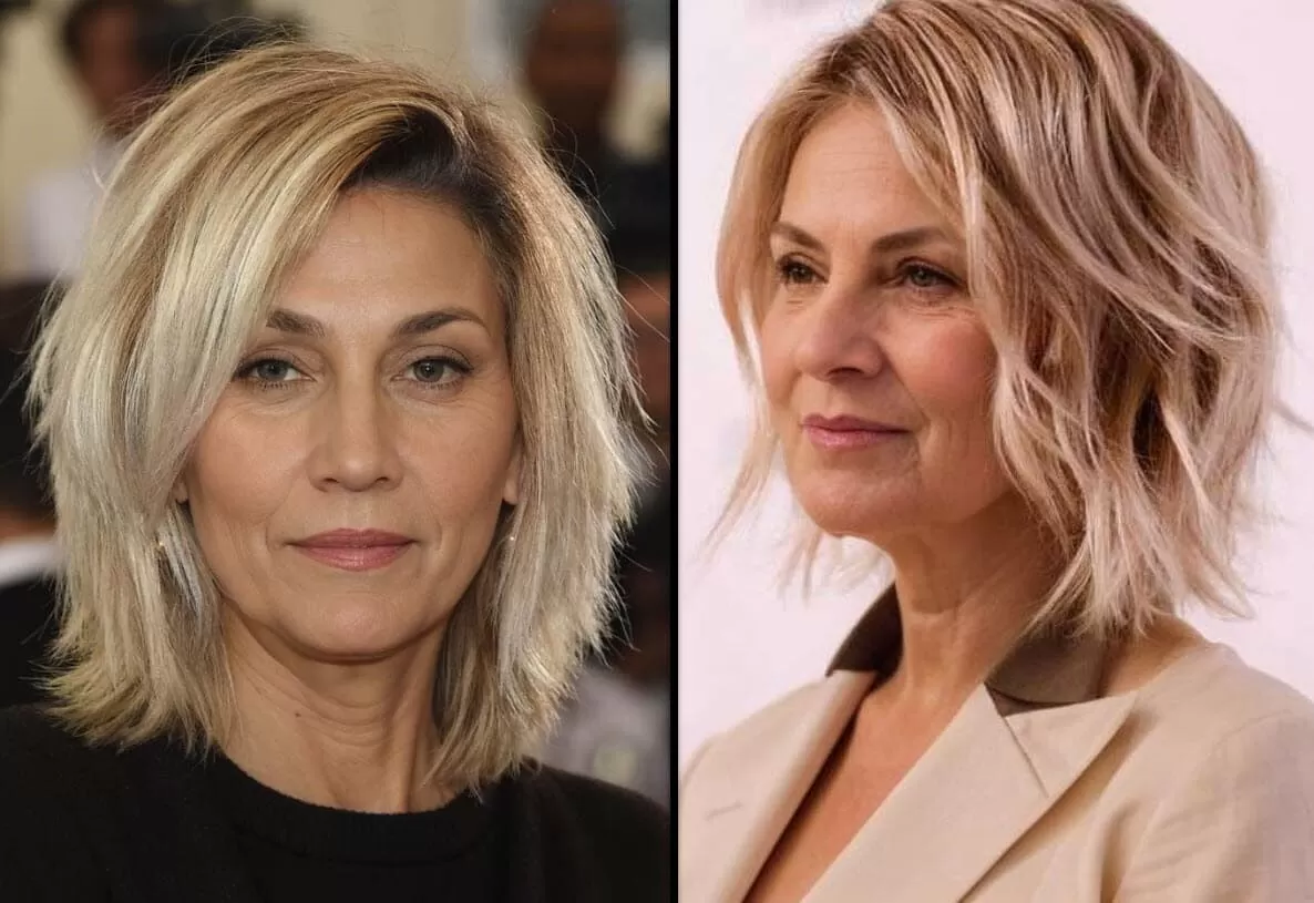 Zwei Frauen mit modern interpretierten mittellangen gestuften Bob Frisuren.