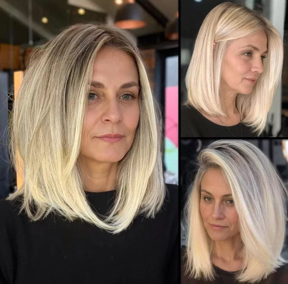 Mittellange Bob Frisuren Vier Ansichten einer Frau mit einem eleganten Long Bob in Blond.