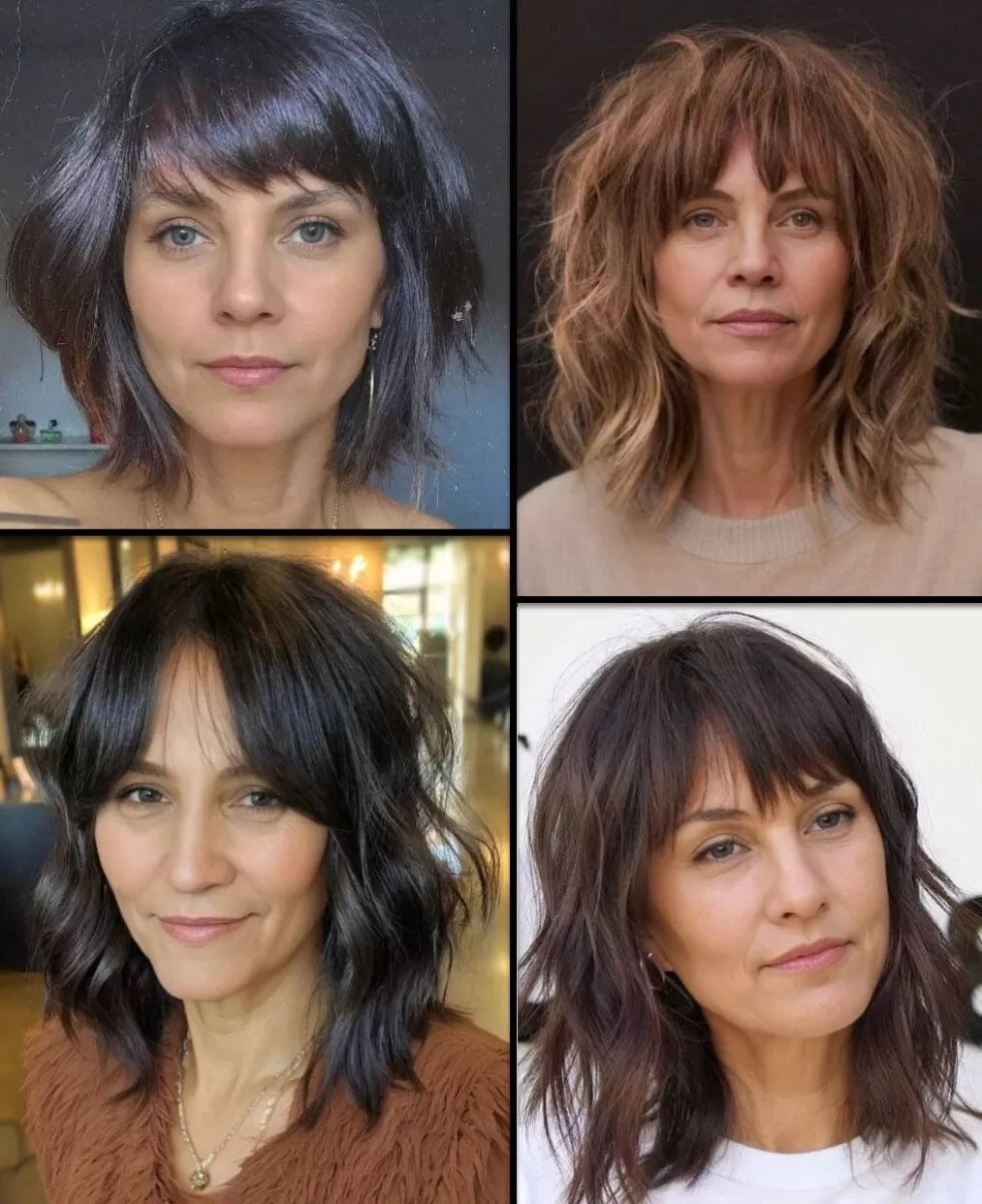 Vier Frauen mit trendigen mittellangen Bob Frisuren und verschiedenen Pony-Stilen.