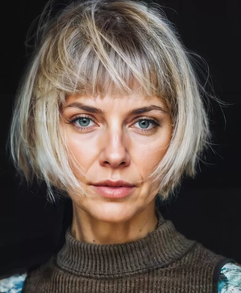 Frau mit kurzem Bob und strähnigem Pony in silbrigem Blond, betont durch ihre leuchtenden blauen Augen