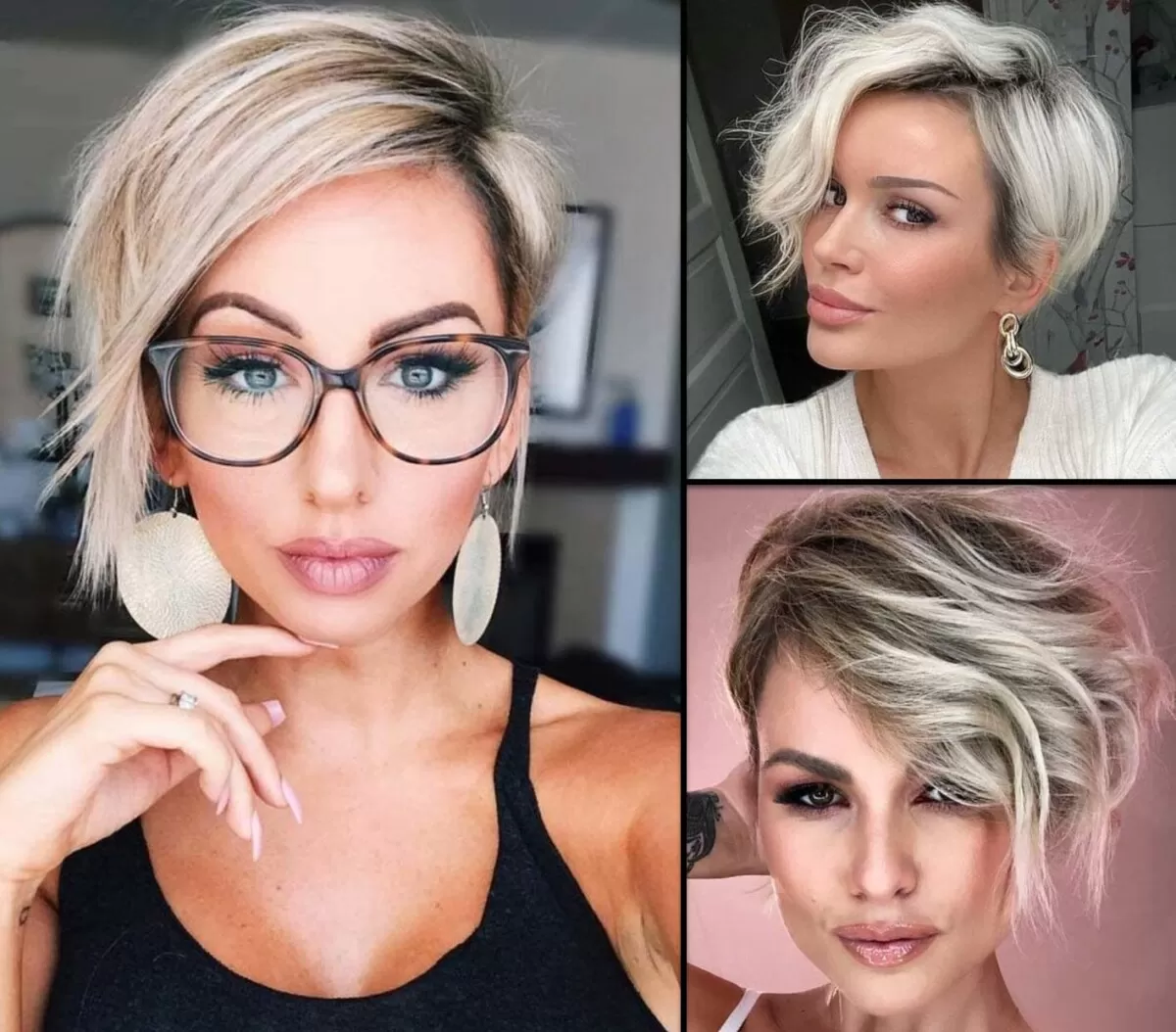 Fransig Pfiffige Kurzhaarfrisuren Frauen Frech Drei stilvolle Frauen mit modernen, fransigen Kurzhaarfrisuren in Platinblond, jede in einer einzigartigen Pose, die ihre dynamische Frisur betont.