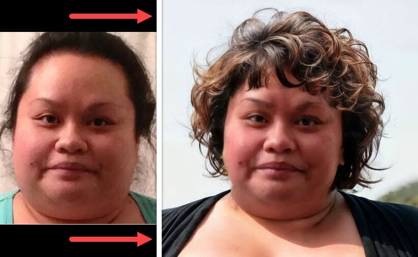 Vorher-Nachher-Vergleich: Transformation mit voluminösen Locken für mollige Frauen mit rundem Gesicht.