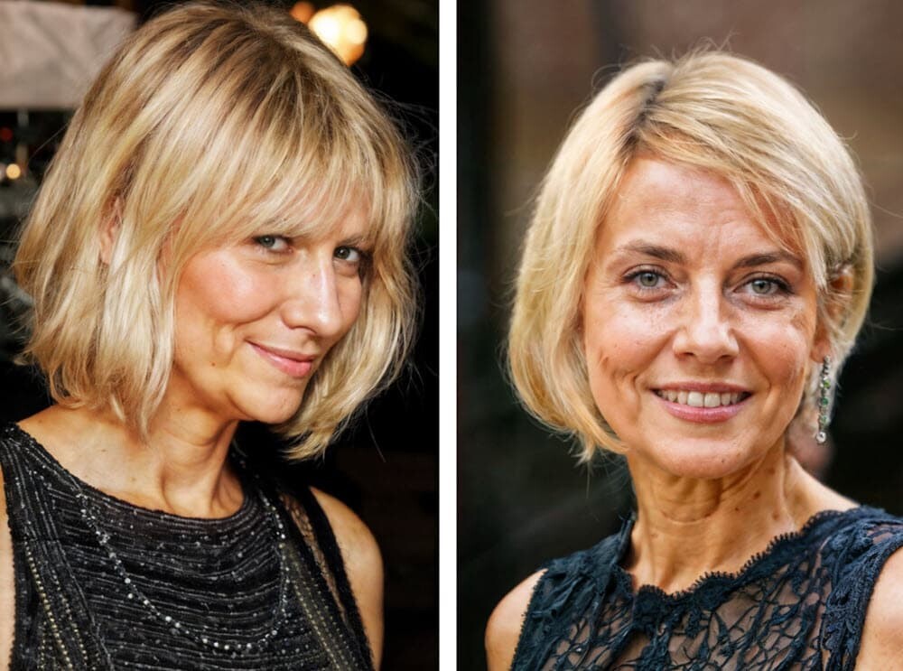 Zwei stilvolle ältere Damen mit modernen blonden Kurzhaarschnitten für dünnes Haar.