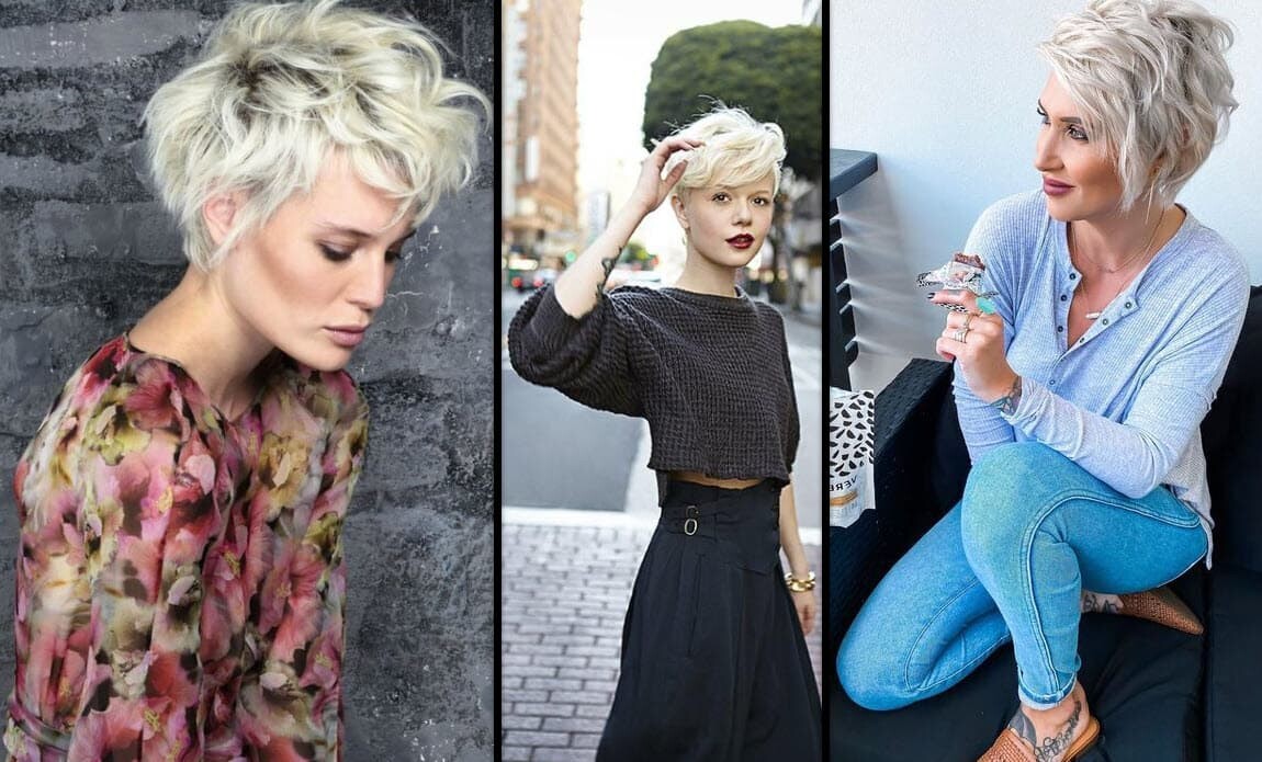 Pixie Cut Lang bei blonden, modernen Frisuren mit verschiedenen Outfits