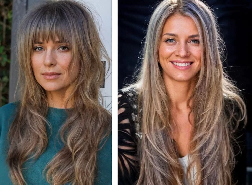 Stufenschnitt Lange Haare Zwei Frauen mit langen, gestuften Haaren; eine mit Curtain Bangs und lockigen Wellen, die andere mit glatten, gestuften Schichten