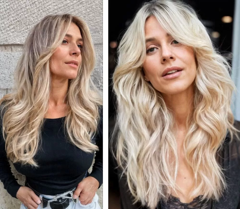 Stufenschnitt lange Haare mit Curtain Bangs, voluminöse und wellige Frisuren