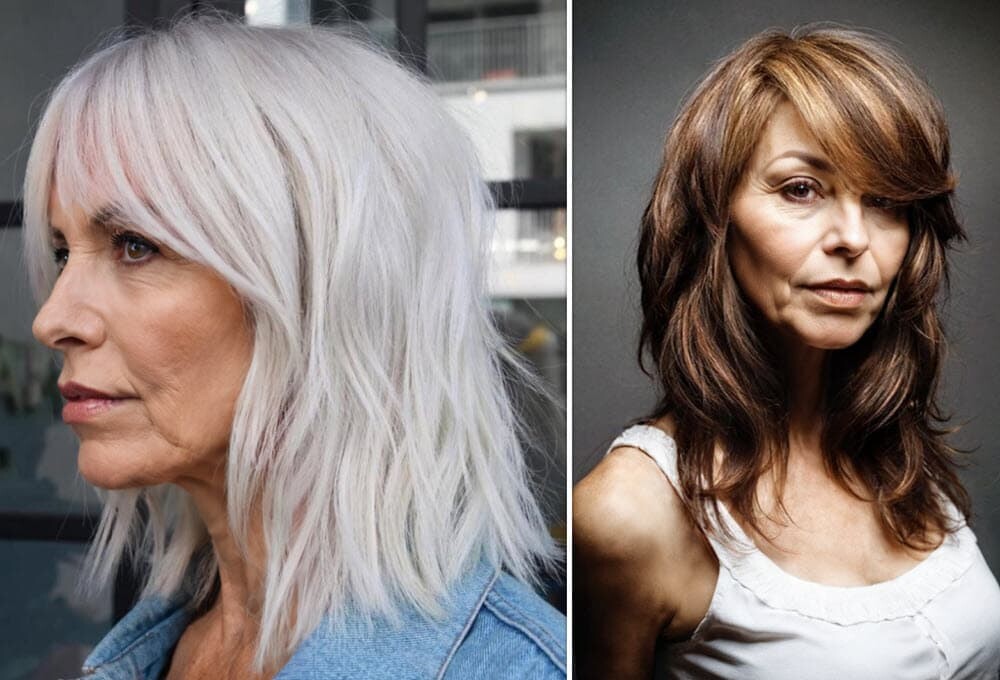 Unkomplizierte Frisuren Eisblonde und brünette mittellange Frisuren für Frauen ab 50 mit natürlichen Wellen und Schichten.