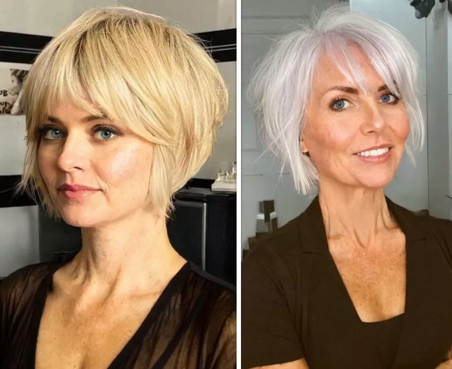 Fransig Pfiffige Kurzhaarfrisuren Frauen Frech, Zwei reife Frauen mit stylischen, fransigen Kurzhaarfrisuren, eine in Blond und die andere in lebendigem Silbergrau.