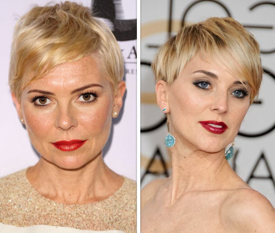 Zwei reife Frauen mit eleganten kurzen Pixie-Schnitten, ideal für dünnes Haar über 50.