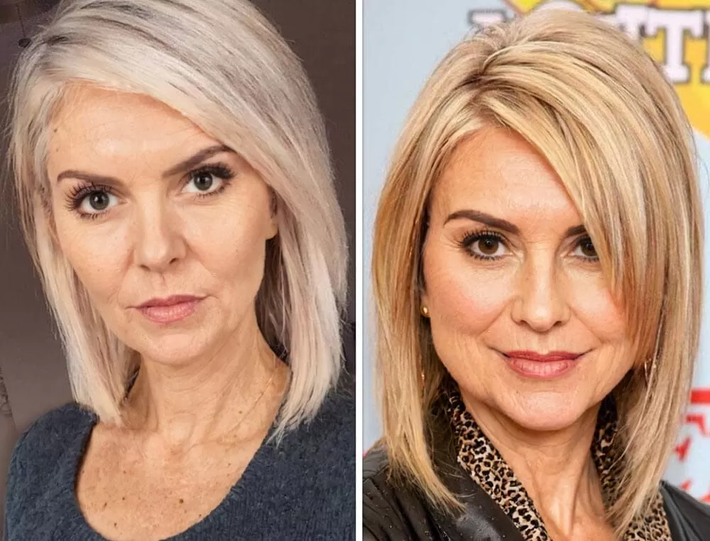 Zwei Frauen zeigen moderne mittellange Bob Frisuren in unterschiedlichen Graunuancen.