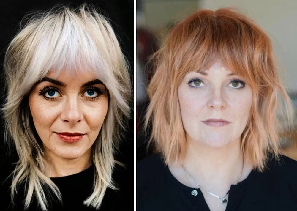 Zwei Frauen mit modernen Frisuren in Platinblond und Kupferrot.