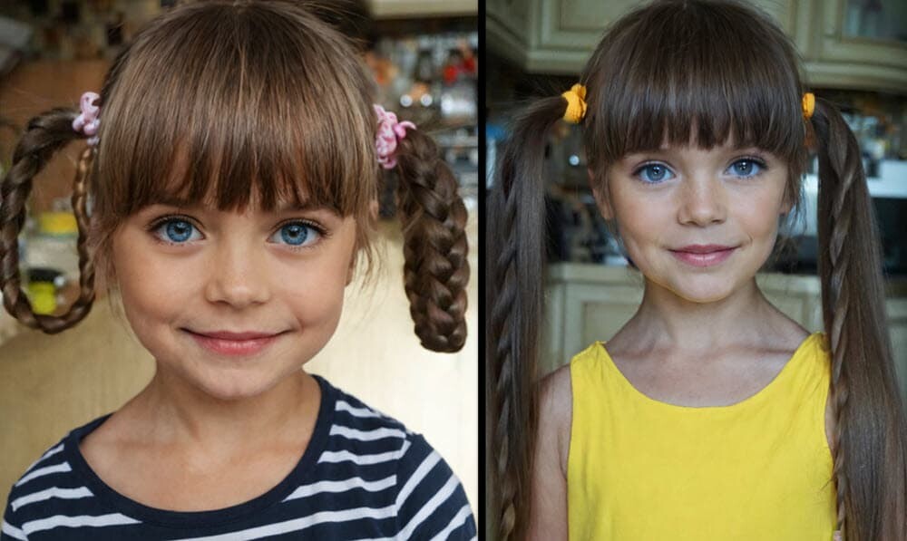 Coole Frisuren Für Mädchen: Zwei Mädchen mit geflochtenen Zöpfen und Pferdeschwänzen, tragen bunte Haargummis