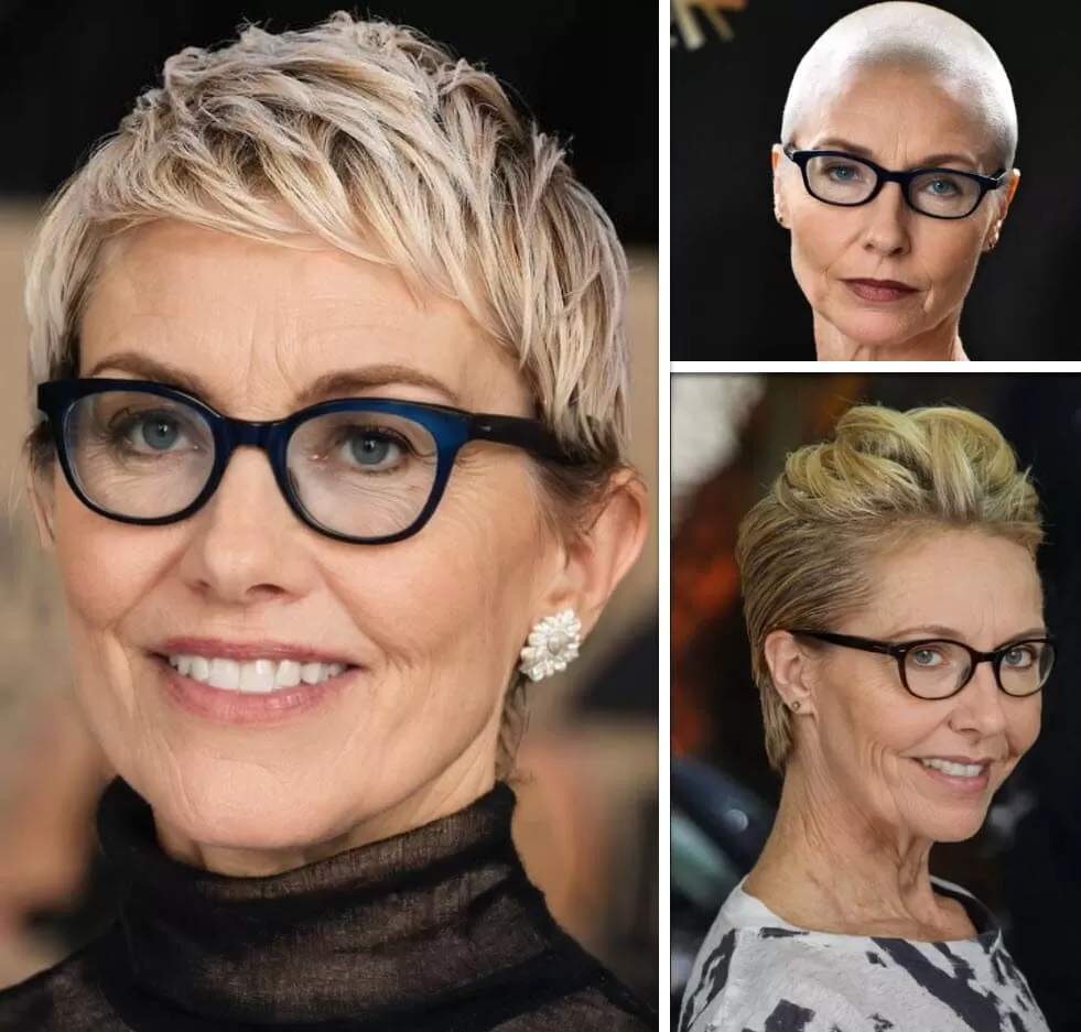 Flotte Kurzhaarfrisuren ab 60 mit Brille Texturierter Pixie, Eleganter Buzz Cut und Stacheliger Charme