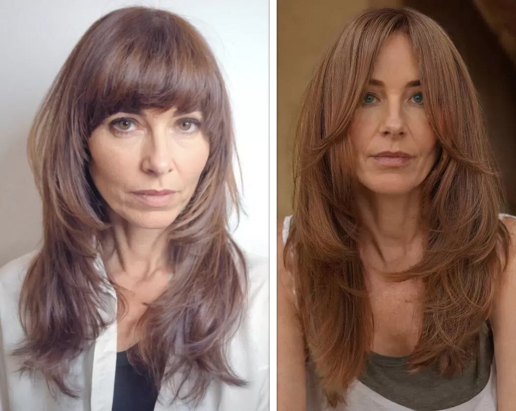 Stufenschnitt lange Haare, ältere Frau, braunes Haar, Pony, glattes Haar