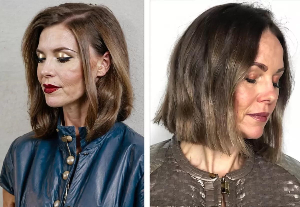 Zwei Frauen mit stilvollen mittellangen Bob Frisuren in verschiedenen Schnitten und Farben.