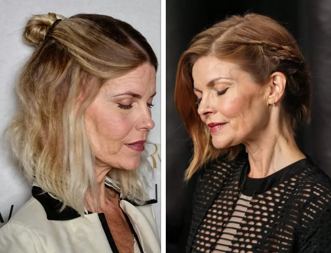 Zwei reife Frauen zeigen elegante und peppige Frisuren: eine mit einem halbhohen Pferdeschwanz, die andere mit einem seitlichen Flechtzopf.